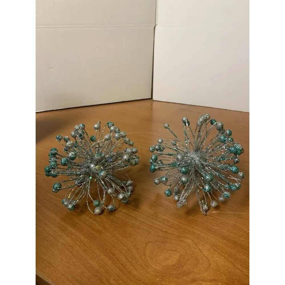 Lot Of 2 Star Burst Christmas Ornaments Silver And Blue  5”